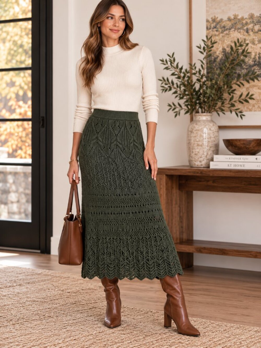 House of Harlow 1960 Crochet Knit Midi Skirt Dark Green Cotton Blend Small